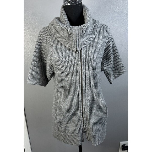 Lord & Taylor Cashmere Sweater Grey Short Sleeve Full Zip Front Cowl Neck Sz XS - Picture 1 of 5